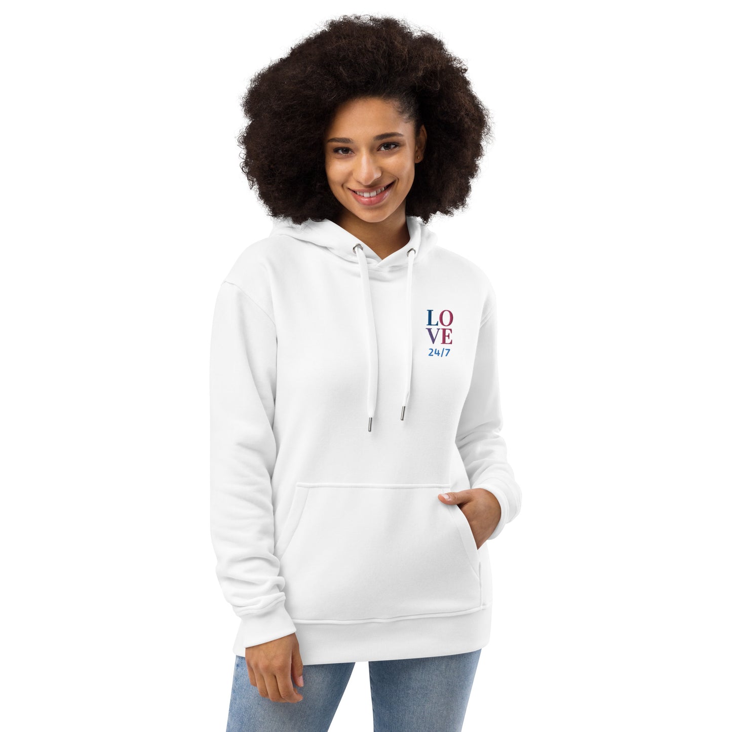 Unisex Premium Eco Hoodie (Embroidered): Love 24/7 (multi-color)