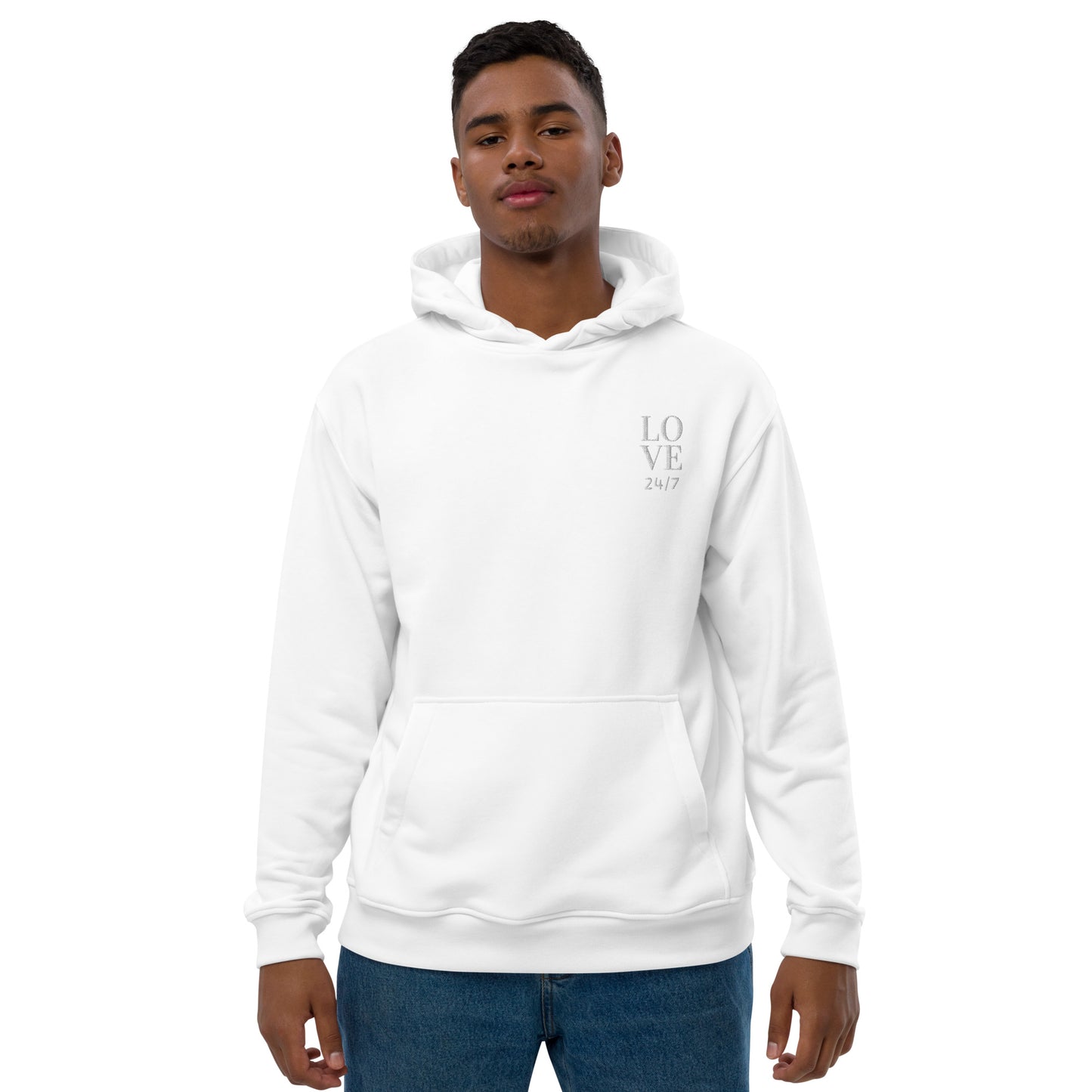 Unisex Premium Eco Hoodie (Embroidered): Love 24/7 (white/gray tex)