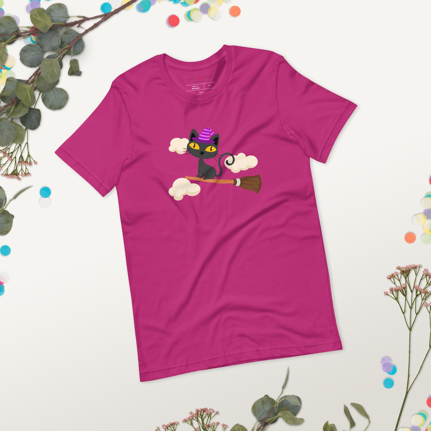 Unisex Tee Bella + Canvas 3001: Witch Cat Flying on Broom