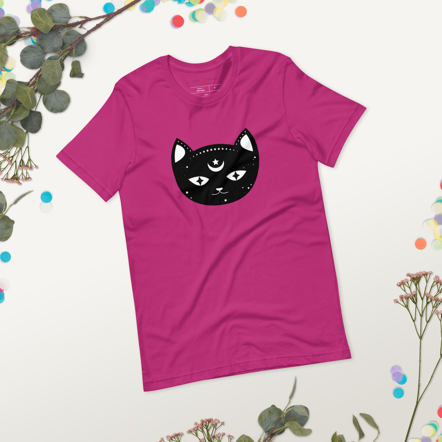 Unisex Tee Bella + Canvas 3001: Black Cat Face with Crescent Moon and Star