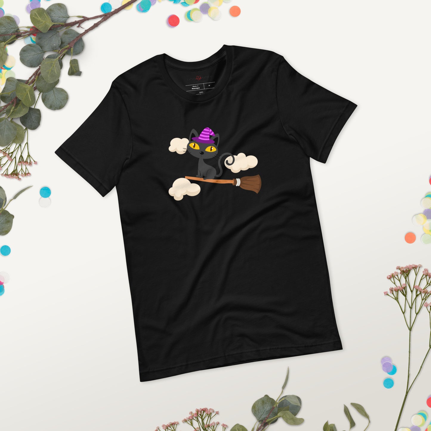 Unisex Tee Bella + Canvas 3001: Witch Cat Flying on Broom