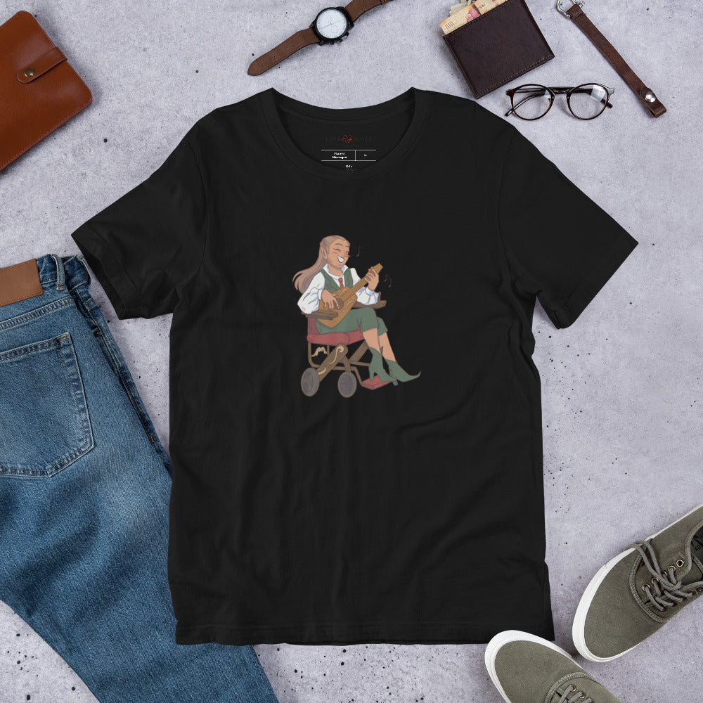 Unisex Tee: Fantasy Character Musician in Wheelchair Playing Guitar