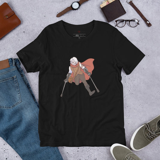 Unisex Tee: Fantasy Character with One Leg, Lower-Arm Crutches, Leather Bag