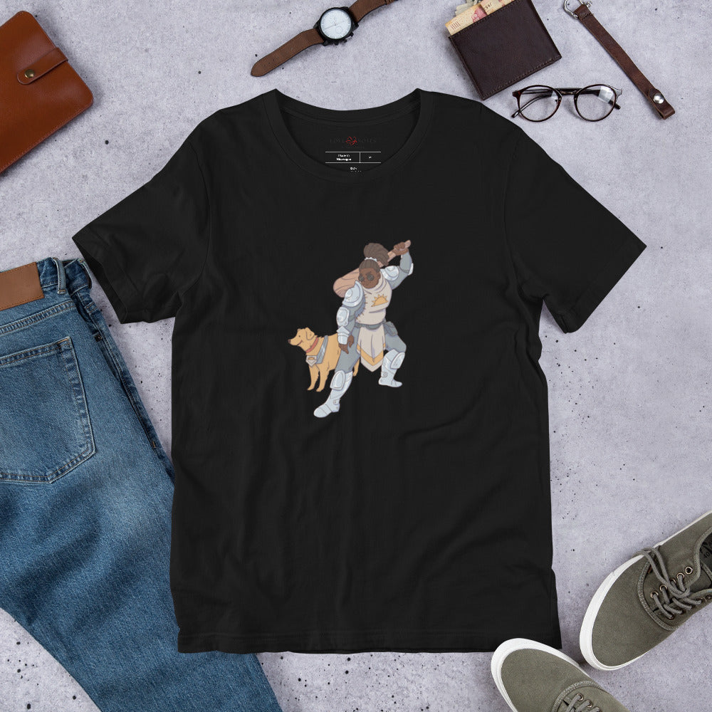 Unisex Tee: Fantasy Character with Wooden Club, Armor & Seeing Eye Dog