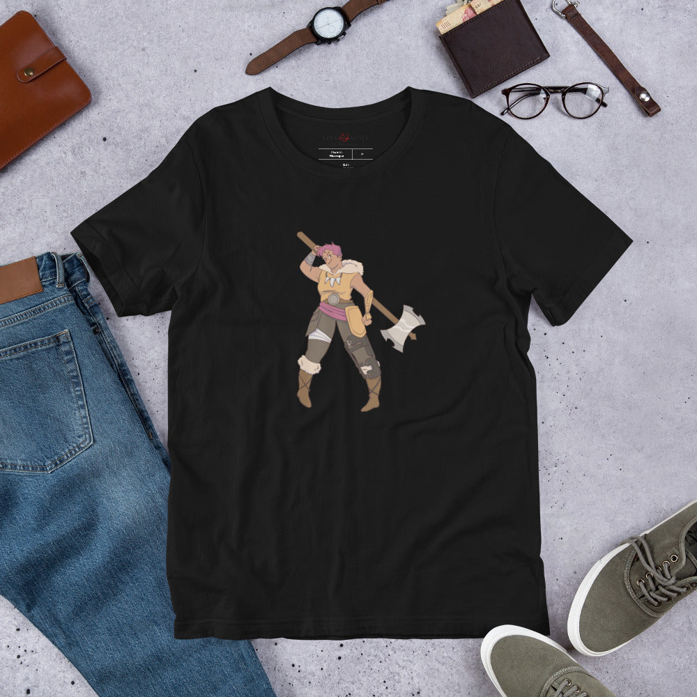 Unisex Tee: Fantasy Character with Leg Brace & Double-Headed Axe