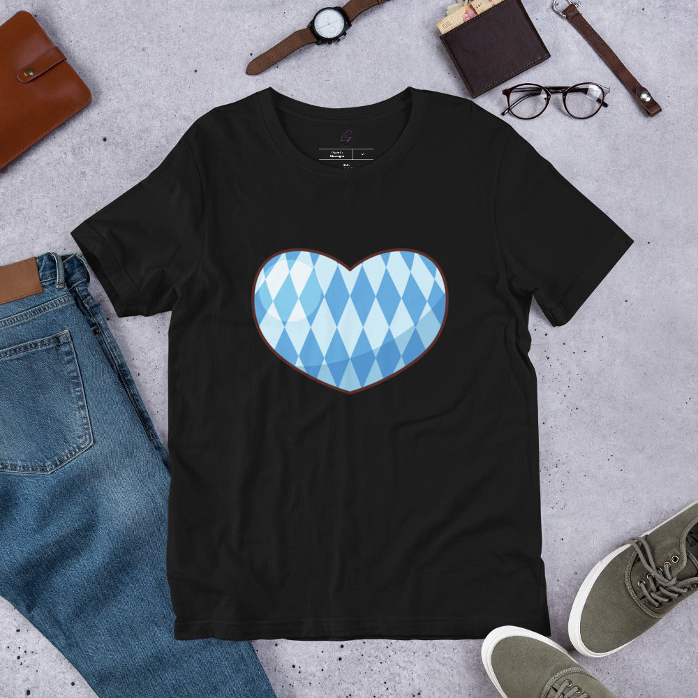 Unisex Tee: Oktoberfest Blue & White Pattern Heart