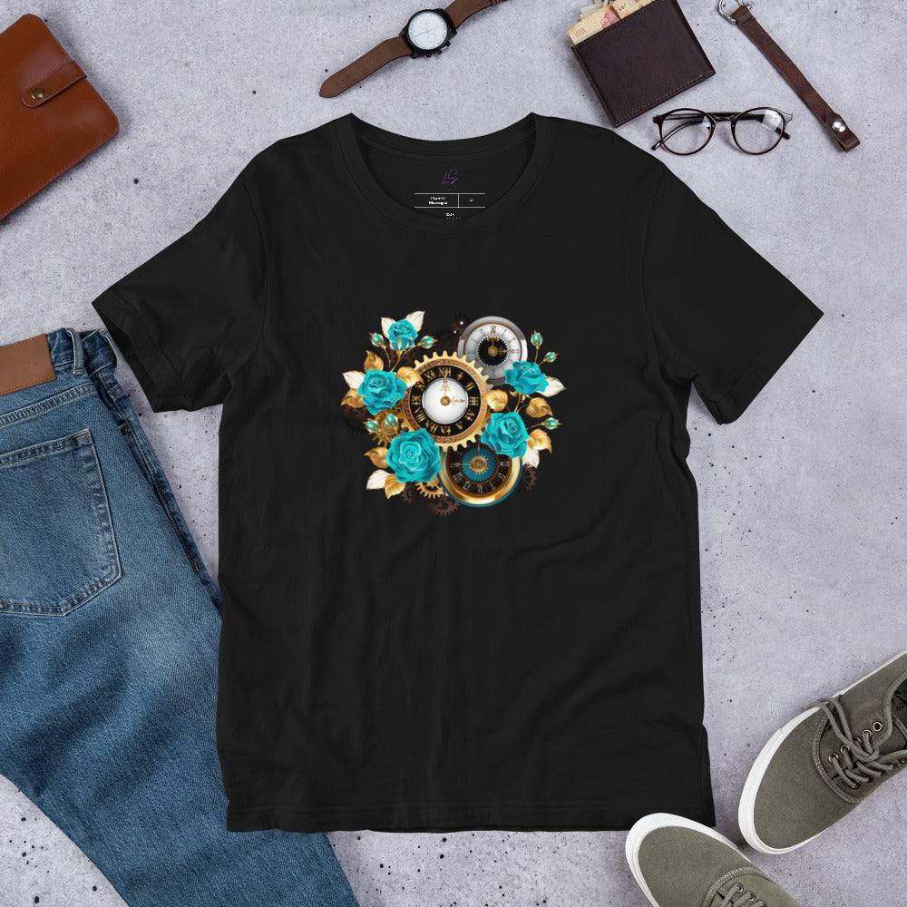 Unisex Tee: Steam Punk Flowers & Clocks
