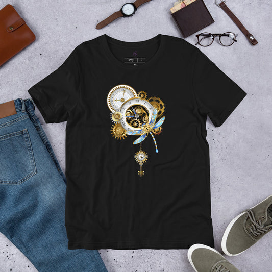 Unisex Tee: Steam Punk Clocks with Keys & Dragonfly