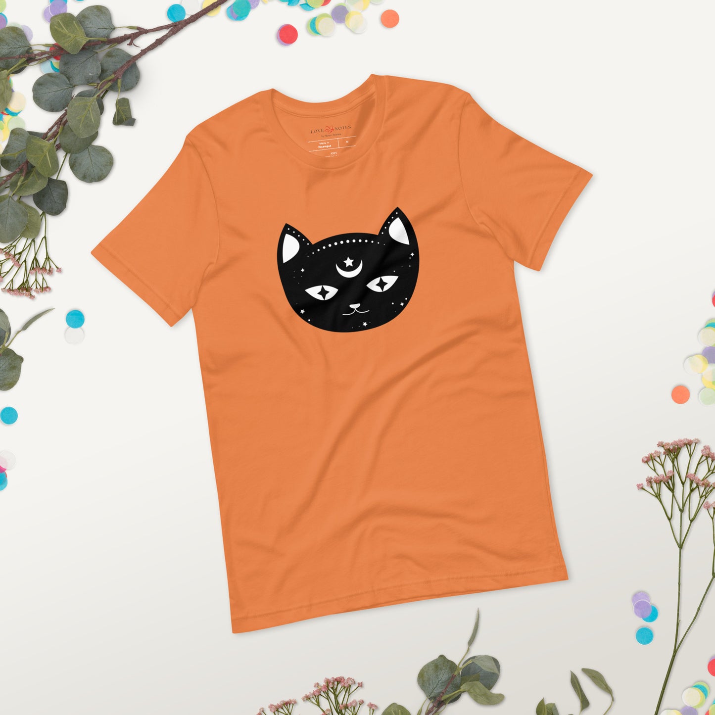 Unisex Tee Bella + Canvas 3001: Black Cat Face with Crescent Moon and Star