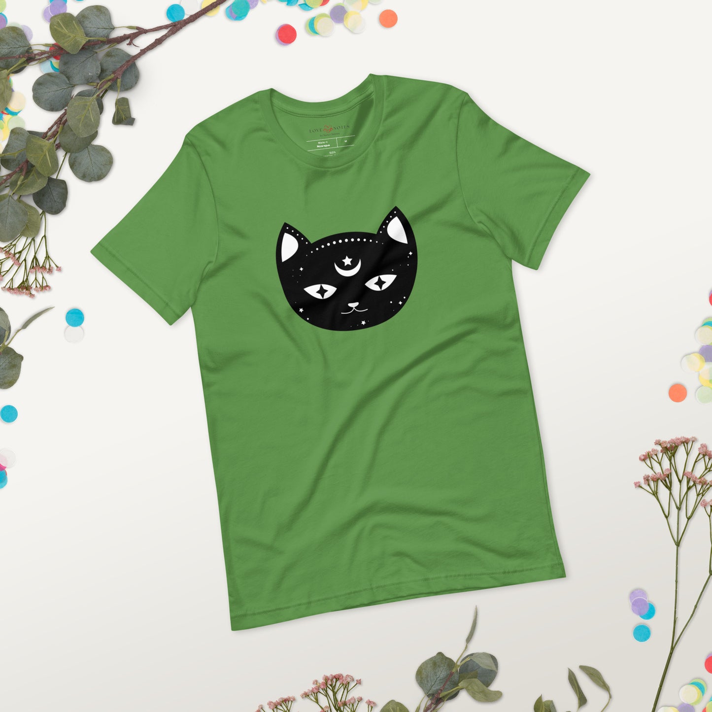 Unisex Tee Bella + Canvas 3001: Black Cat Face with Crescent Moon and Star