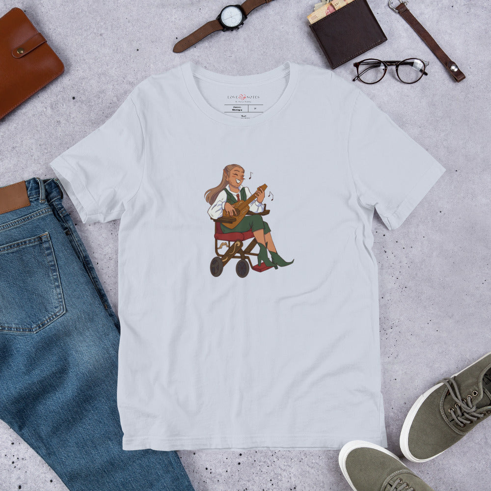 Unisex Tee: Fantasy Character Musician in Wheelchair Playing Guitar