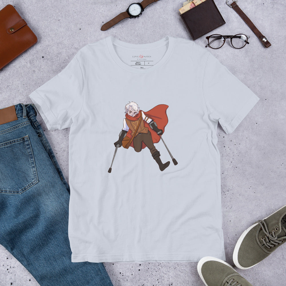 Unisex Tee: Fantasy Character with One Leg, Lower-Arm Crutches, Leather Bag
