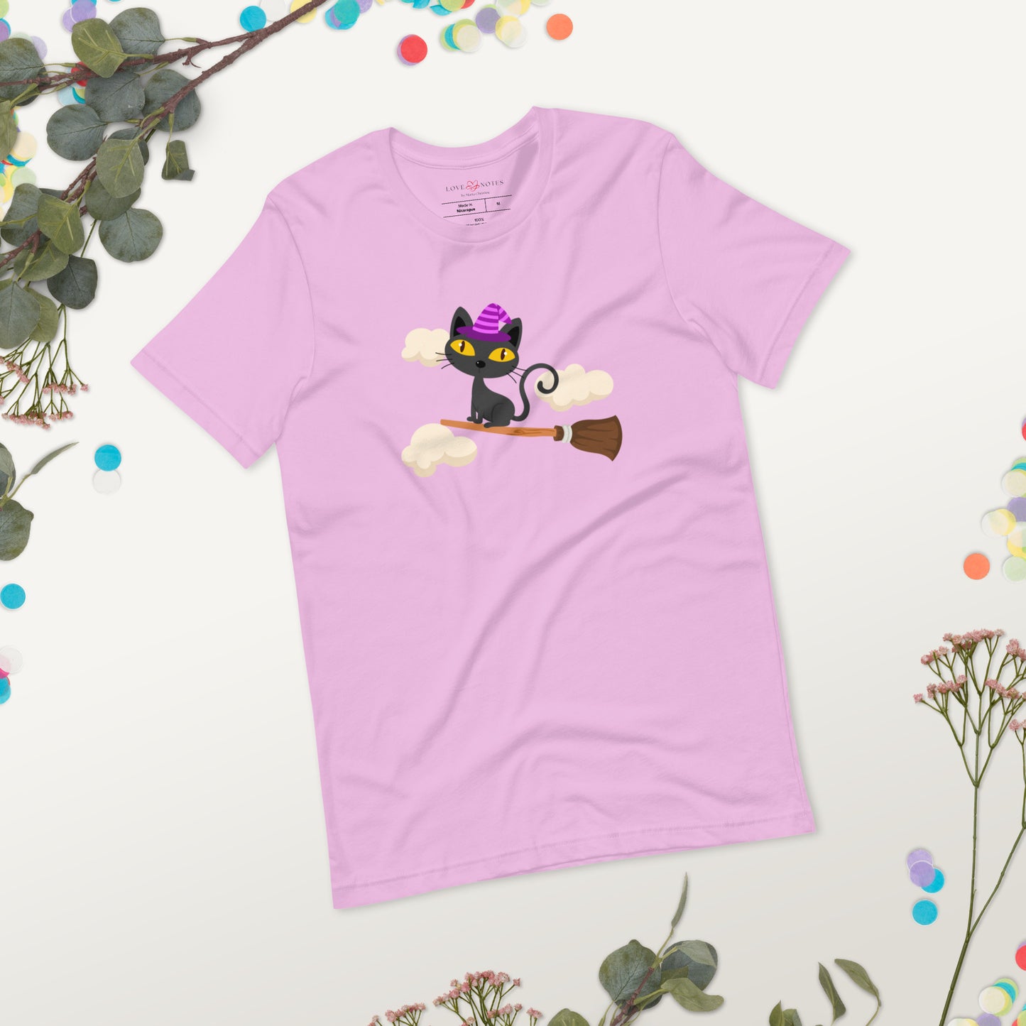 Unisex Tee Bella + Canvas 3001: Witch Cat Flying on Broom