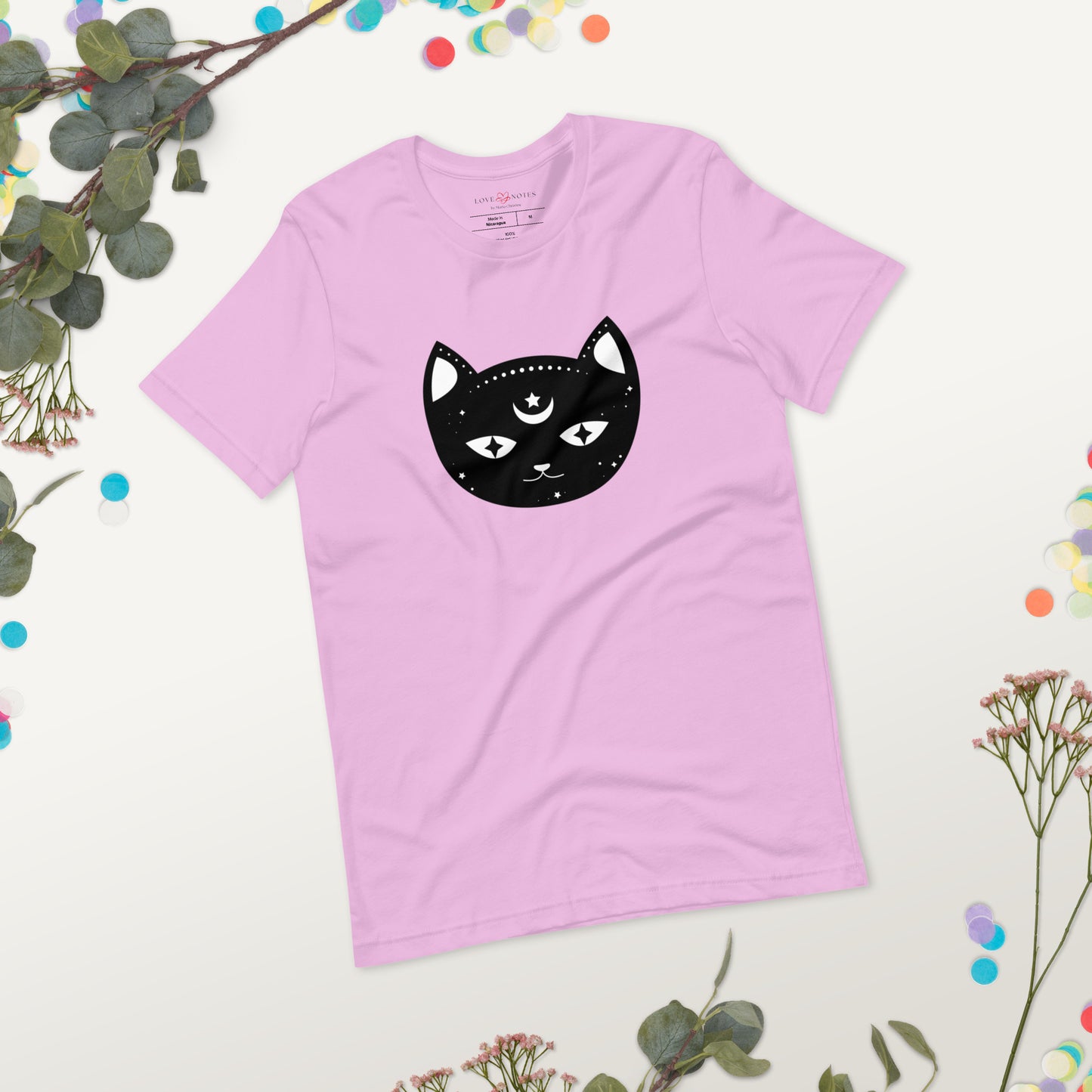 Unisex Tee Bella + Canvas 3001: Black Cat Face with Crescent Moon and Star