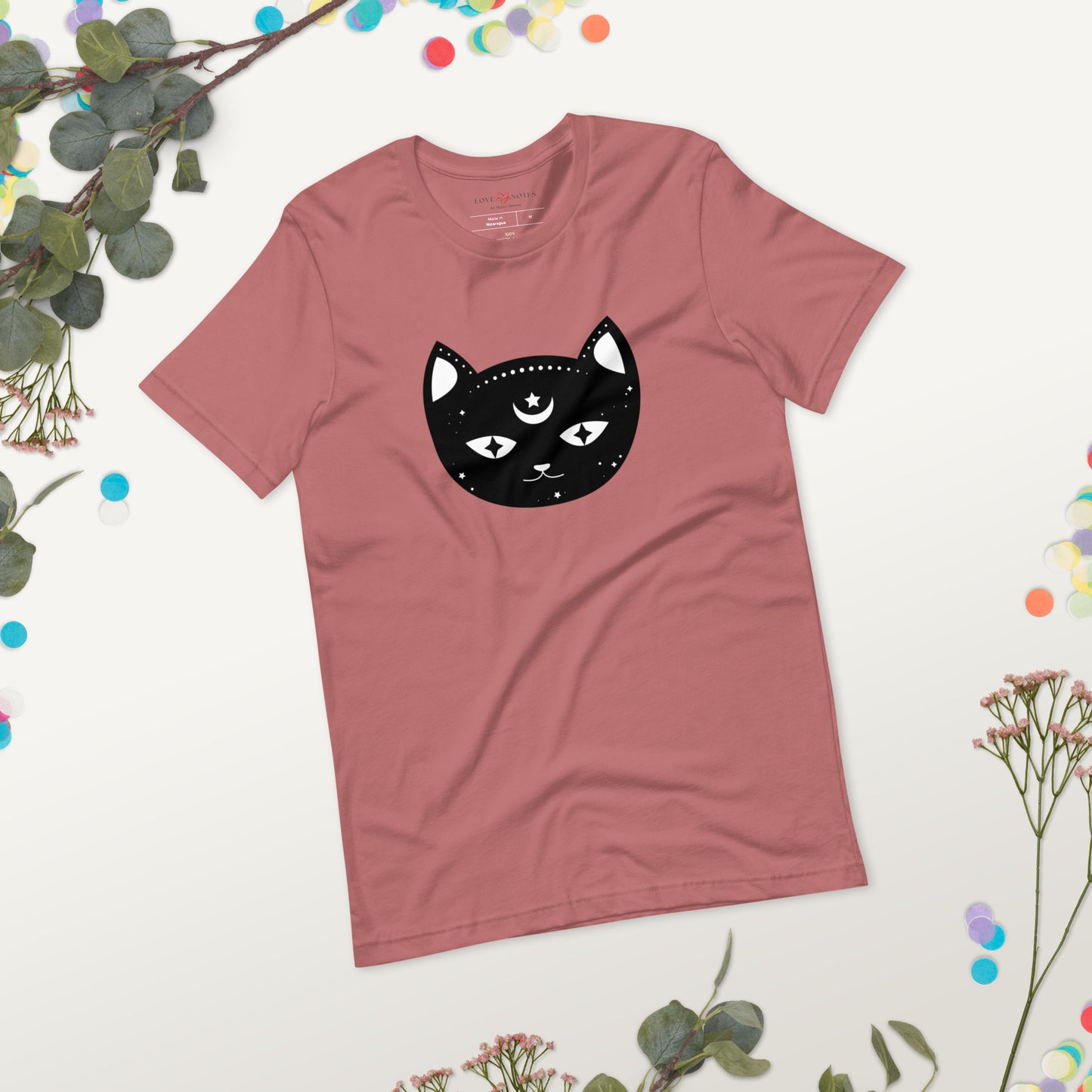 Unisex Tee Bella + Canvas 3001: Black Cat Face with Crescent Moon and Star