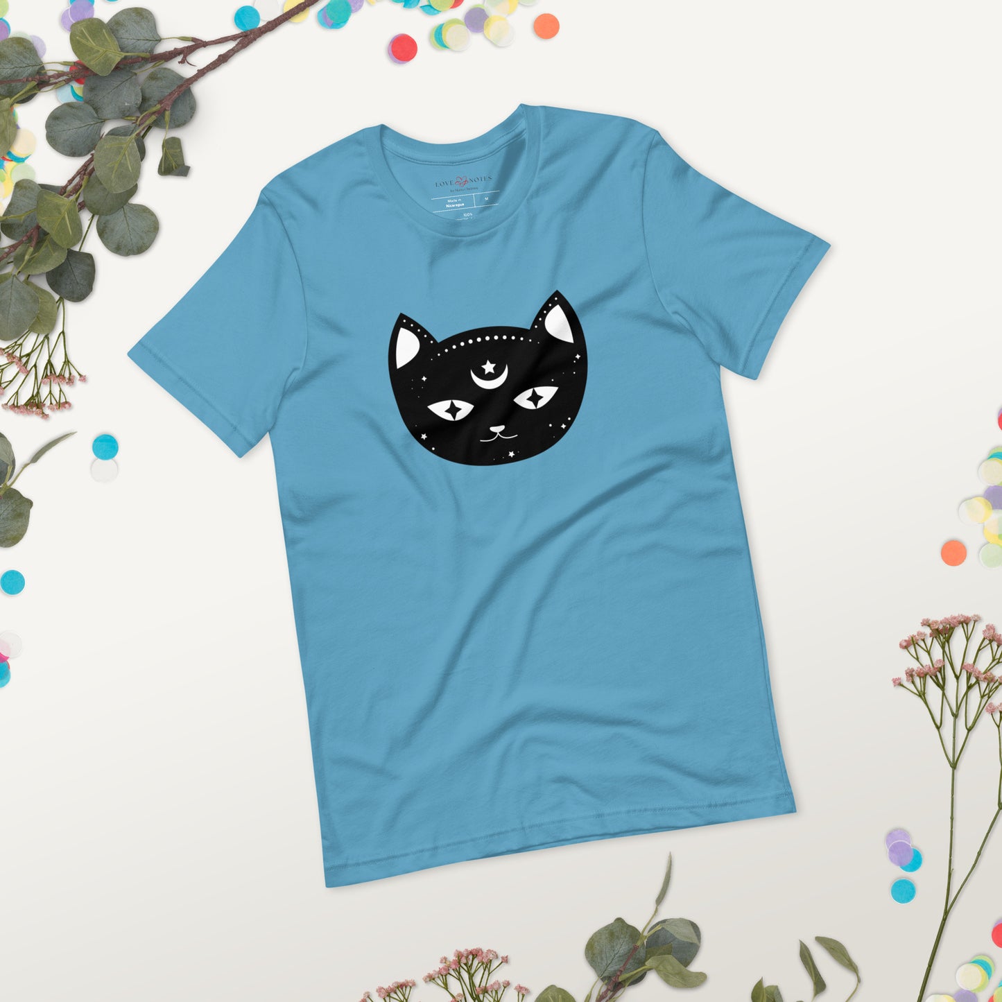 Unisex Tee Bella + Canvas 3001: Black Cat Face with Crescent Moon and Star