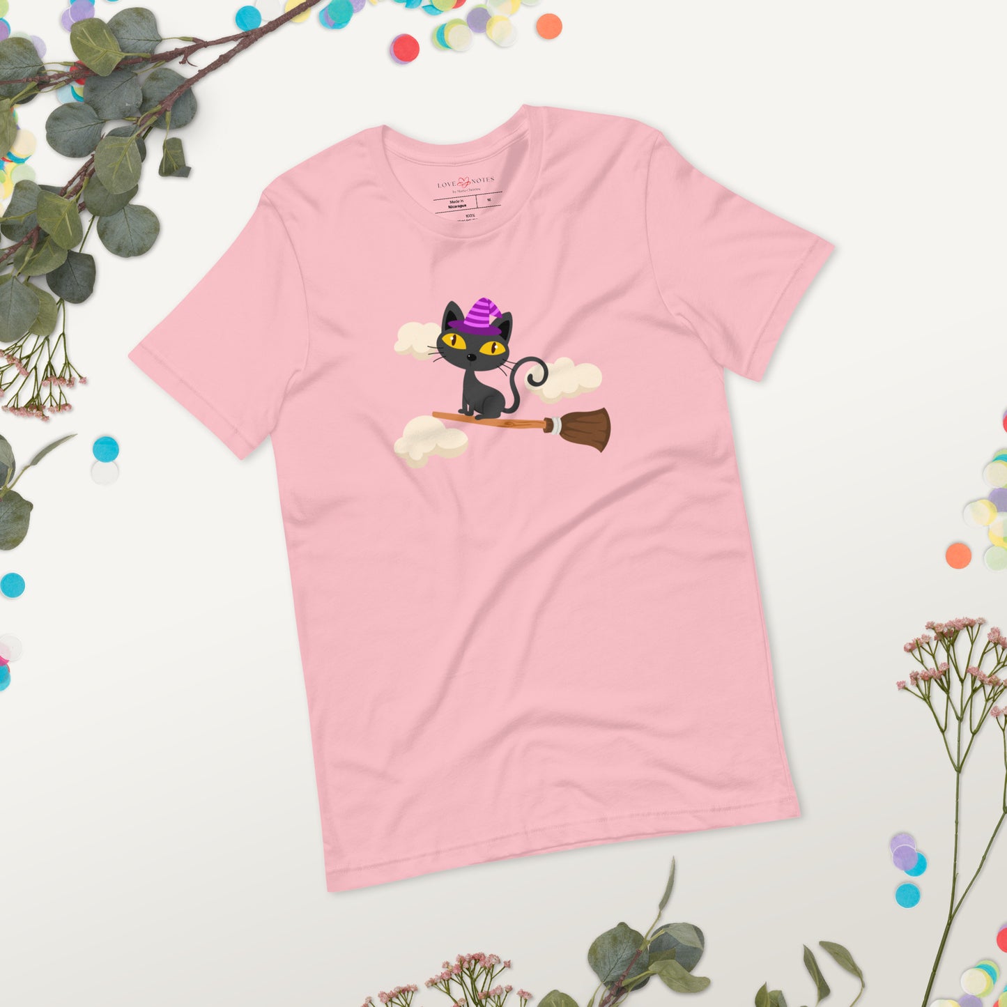 Unisex Tee Bella + Canvas 3001: Witch Cat Flying on Broom