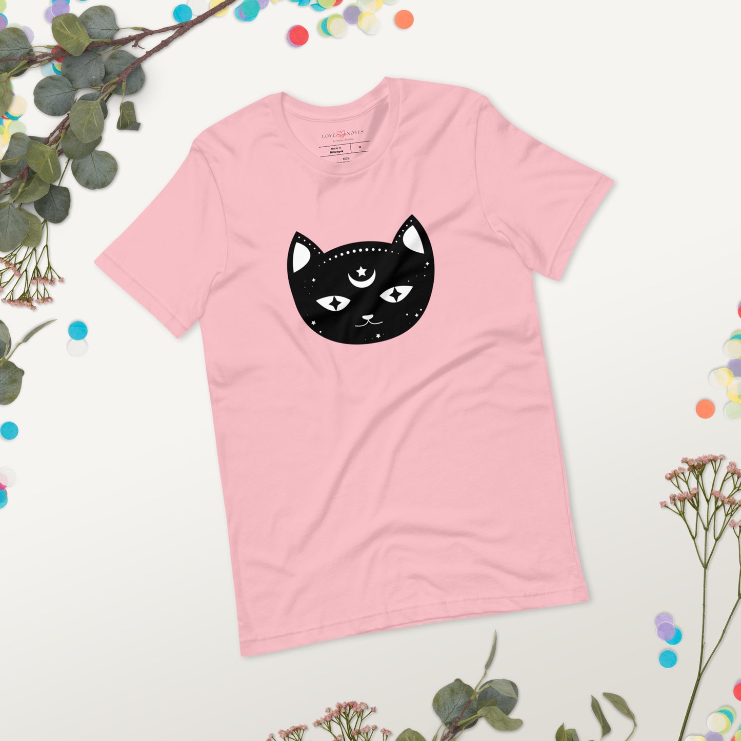Unisex Tee Bella + Canvas 3001: Black Cat Face with Crescent Moon and Star