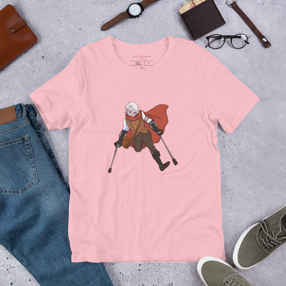 Unisex Tee: Fantasy Character with One Leg, Lower-Arm Crutches, Leather Bag