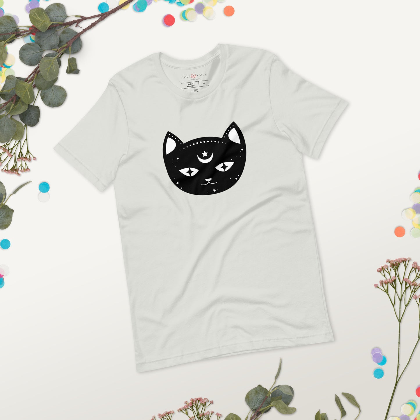 Unisex Tee Bella + Canvas 3001: Black Cat Face with Crescent Moon and Star