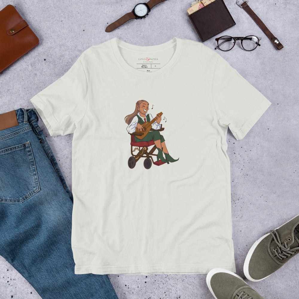 Unisex Tee: Fantasy Character Musician in Wheelchair Playing Guitar