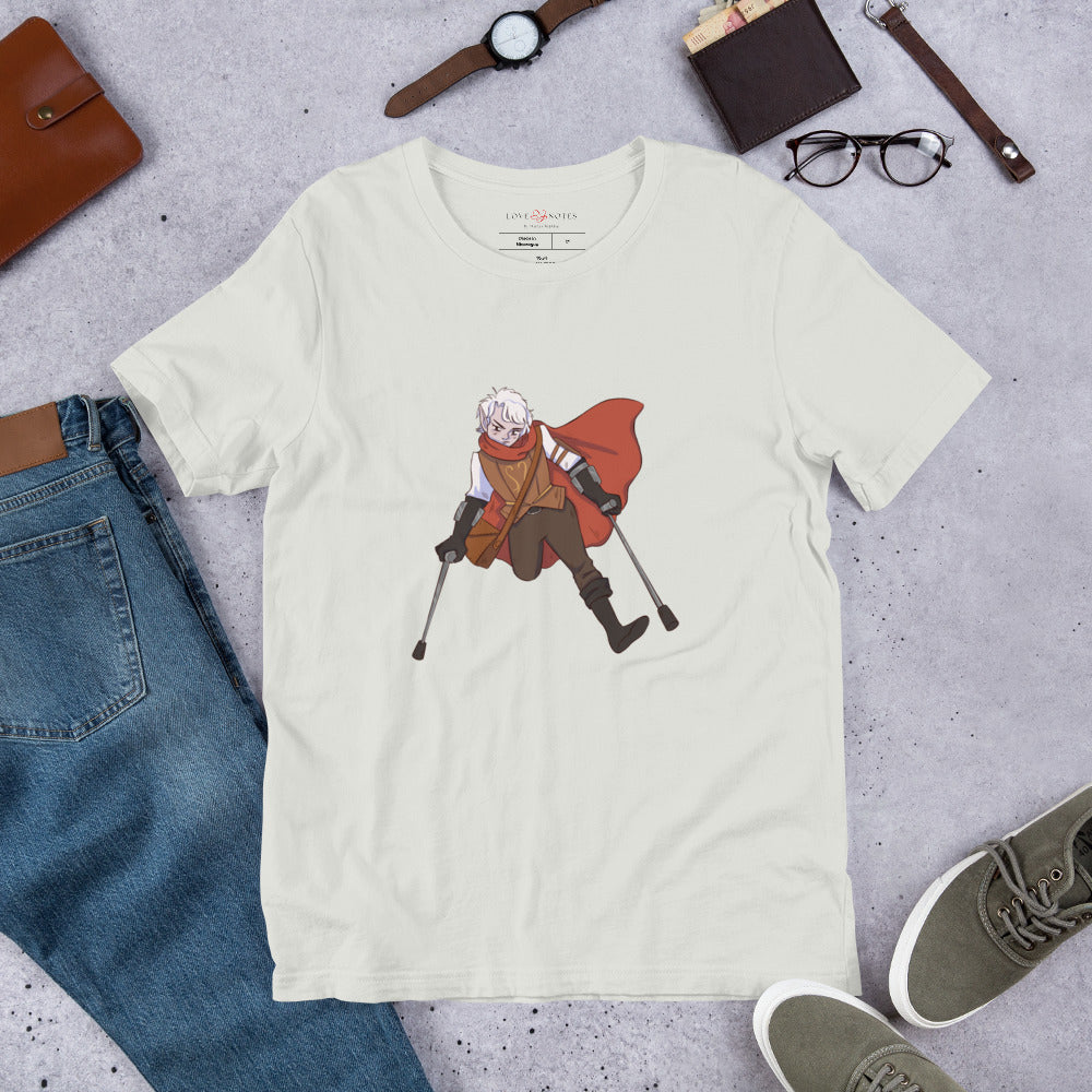 Unisex Tee: Fantasy Character with One Leg, Lower-Arm Crutches, Leather Bag