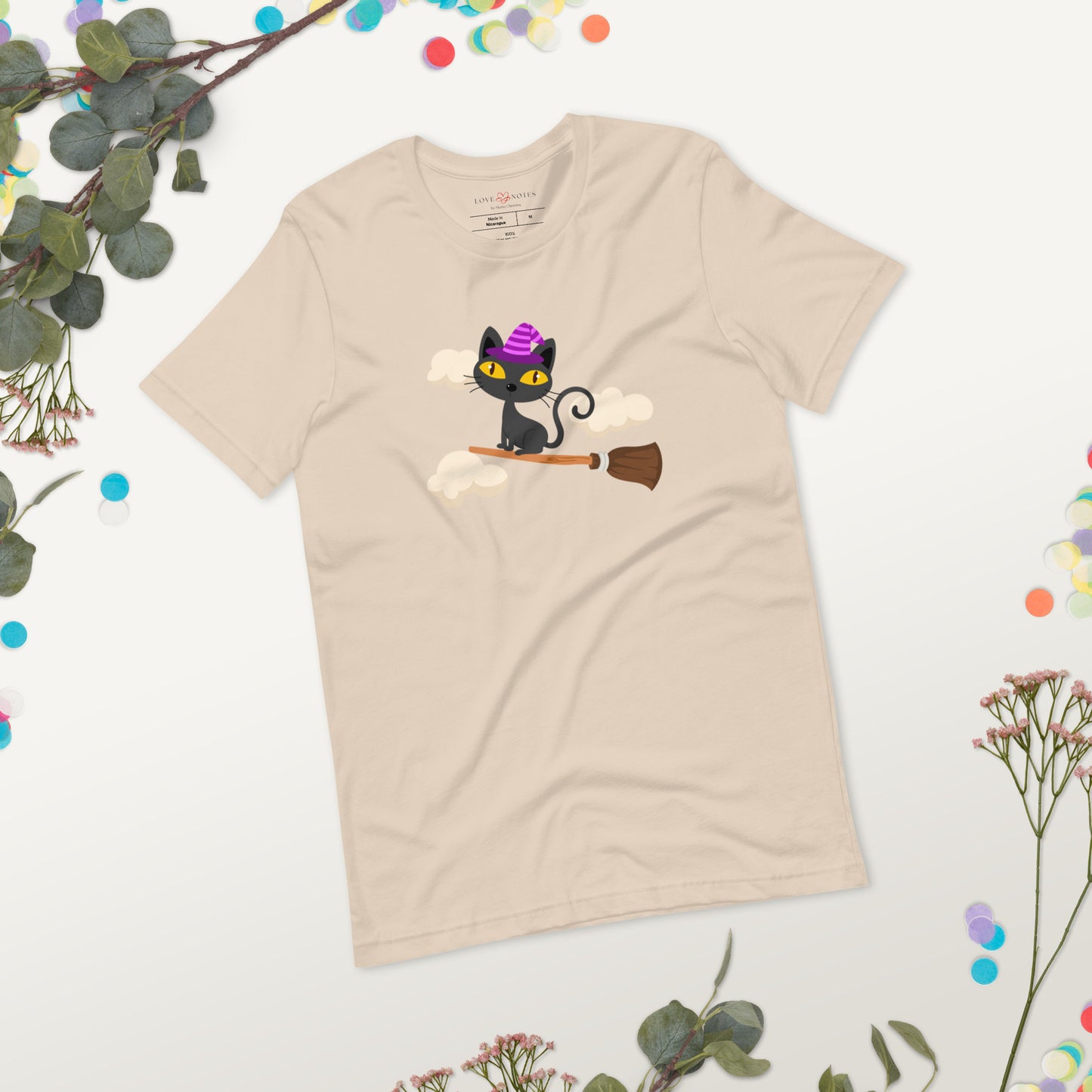 Unisex Tee: Witch Cat Flying on Broom