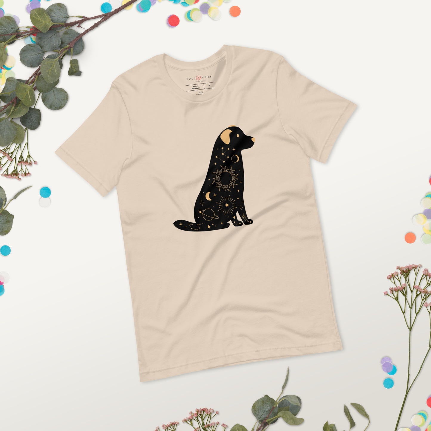 Unisex Tee: Celestial Dog (black and golden)