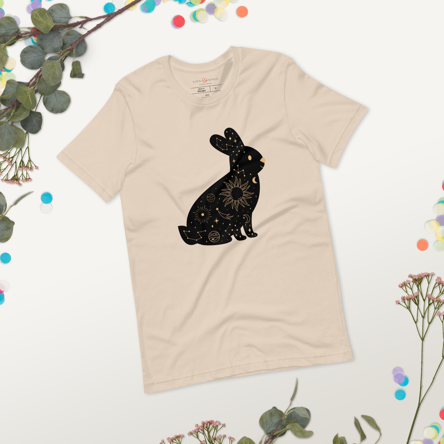 Unisex Tee: Celestial Bunny Rabbit (black and golden)