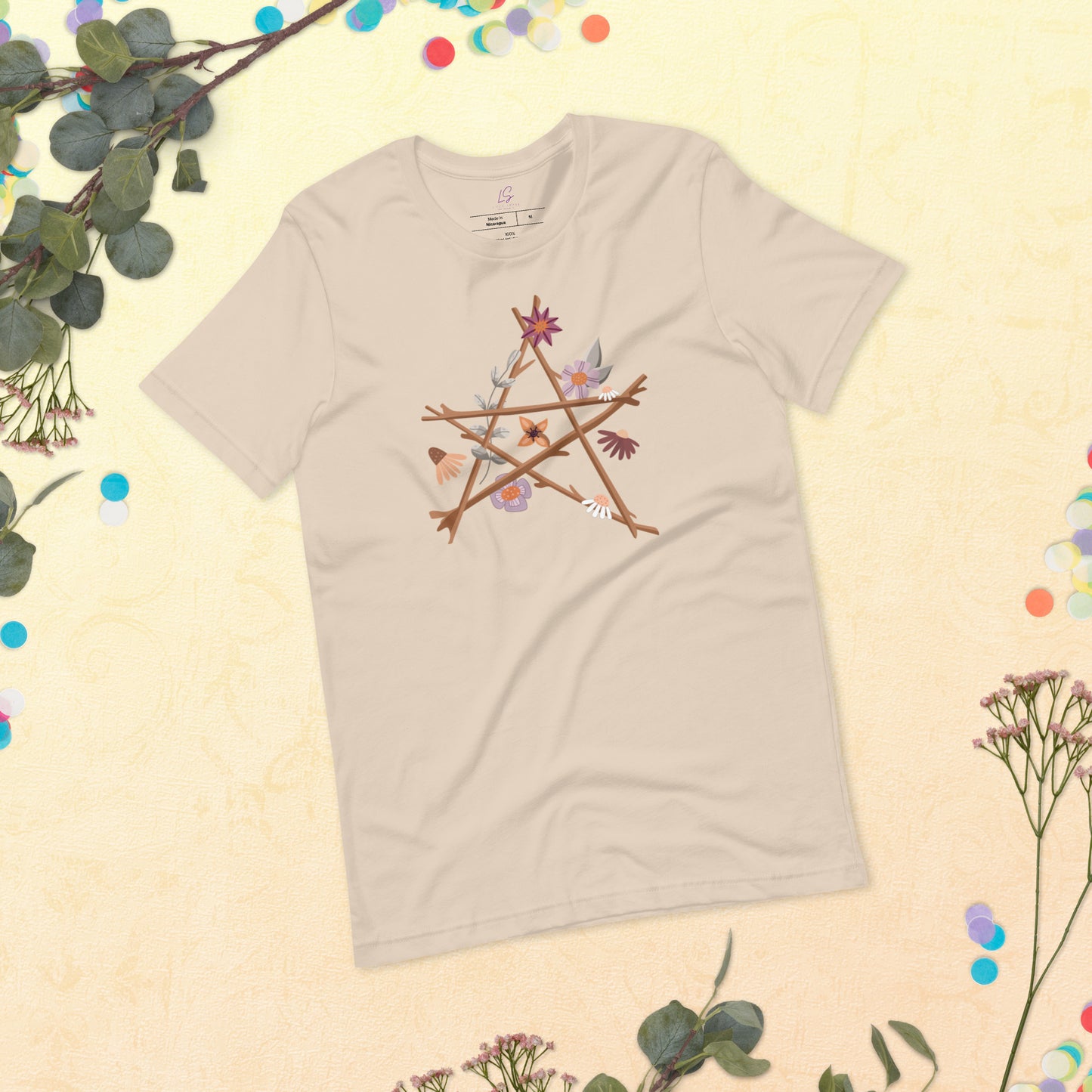 Unisex Tee Bella + Canvas 3001: Pentagram of Sticks with Flowers