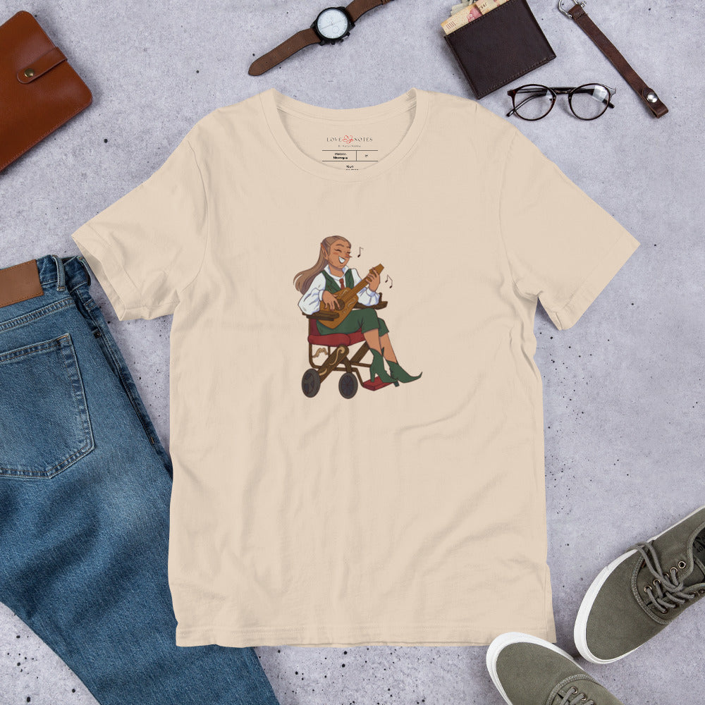 Unisex Tee: Fantasy Character Musician in Wheelchair Playing Guitar