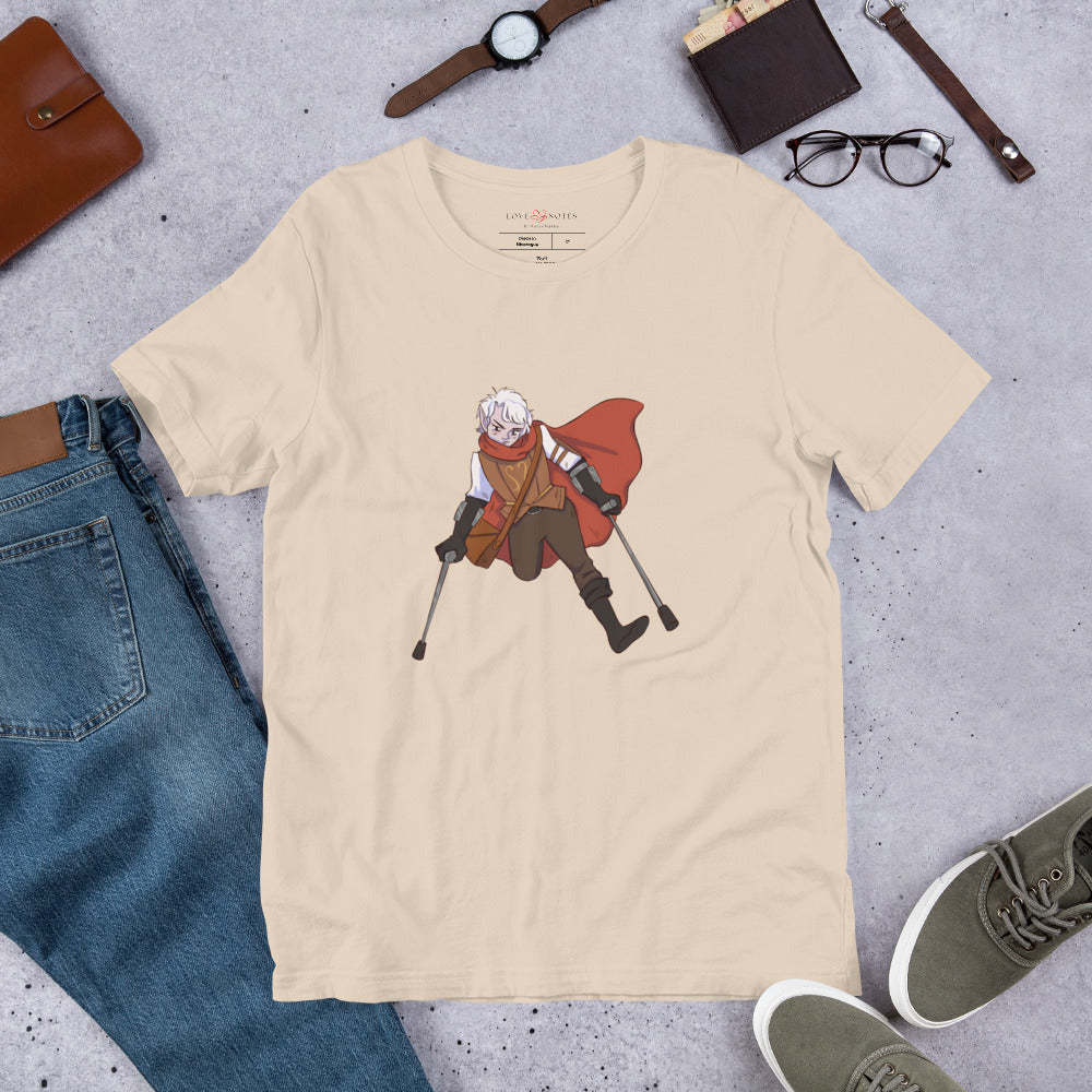 Unisex Tee: Fantasy Character with One Leg, Lower-Arm Crutches, Leather Bag