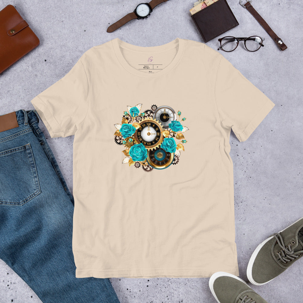 Unisex Tee: Steam Punk Flowers & Clocks