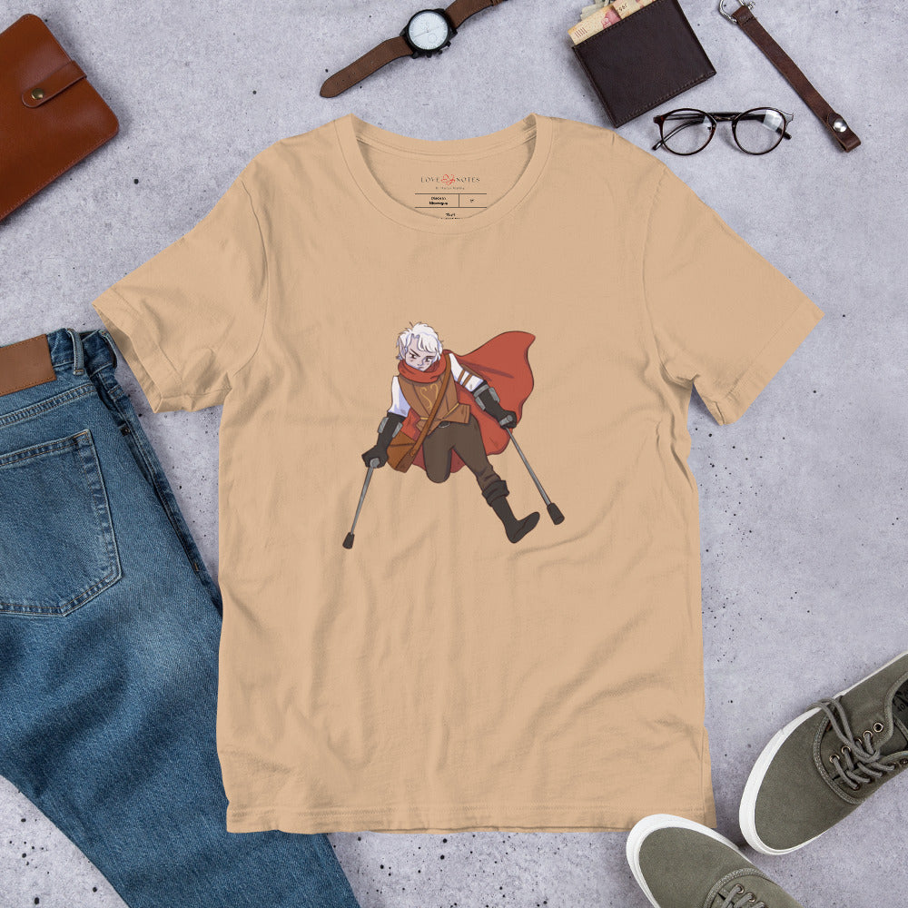 Unisex Tee: Fantasy Character with One Leg, Lower-Arm Crutches, Leather Bag