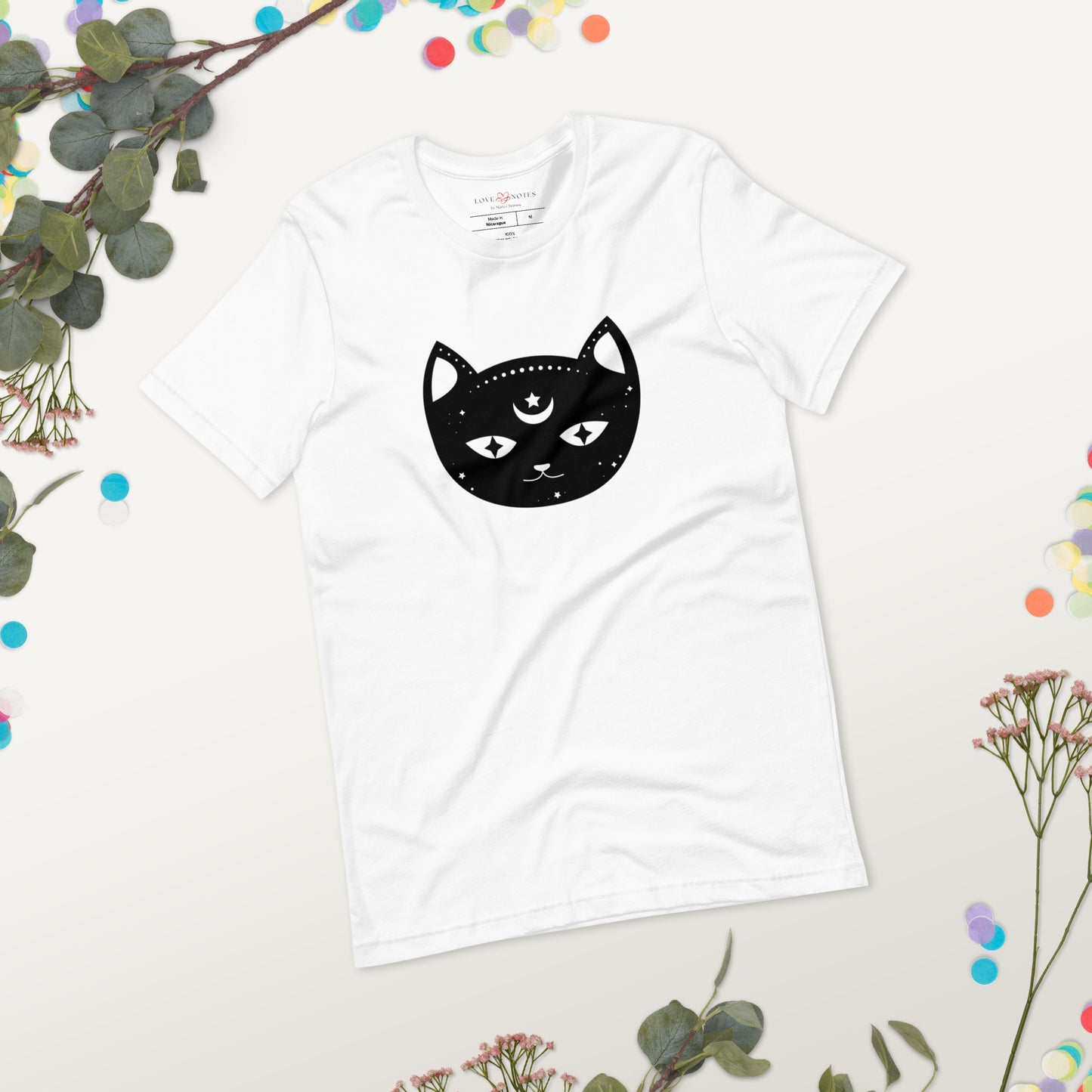 Unisex Tee Bella + Canvas 3001: Black Cat Face with Crescent Moon and Star