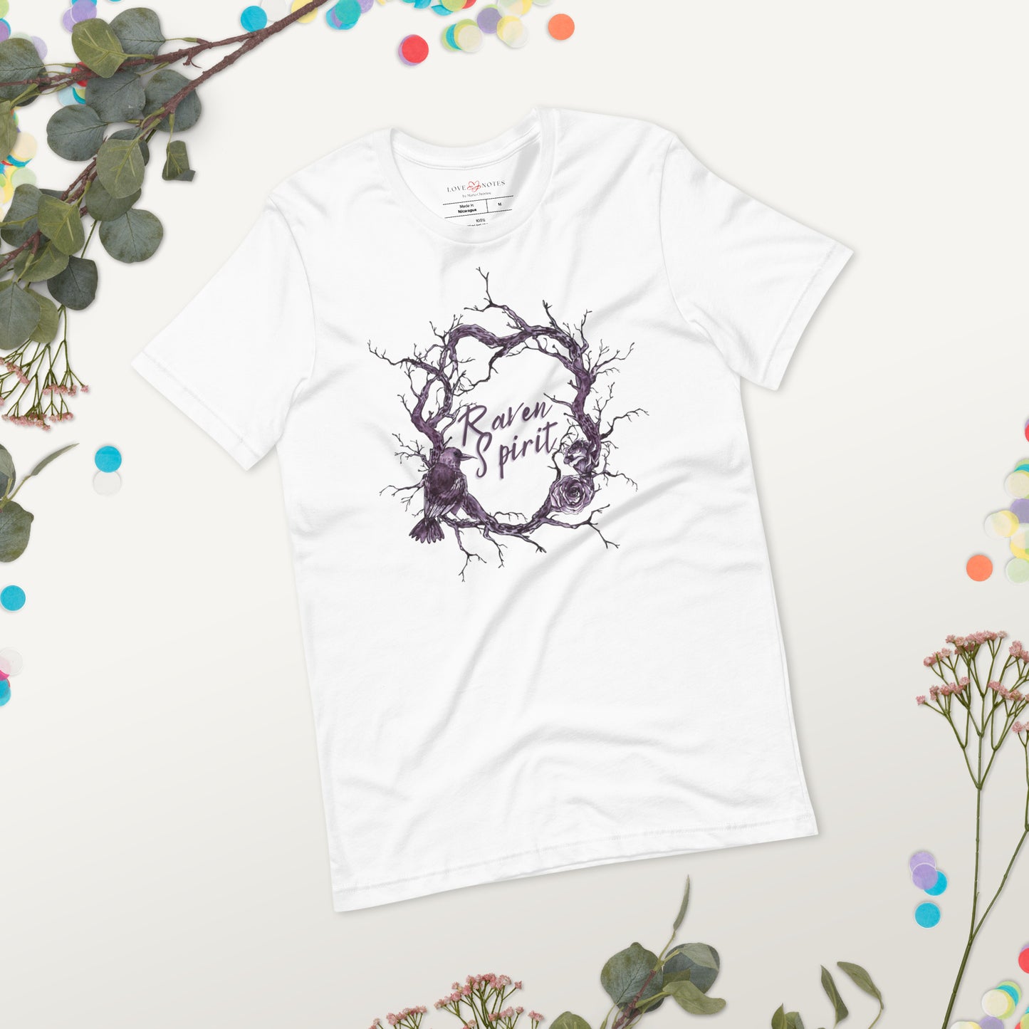 Unisex Tee: Raven Spirit with Branches & Roses