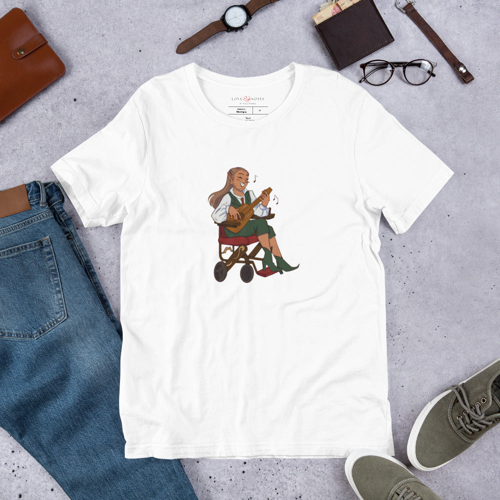 Unisex Tee: Fantasy Character Musician in Wheelchair Playing Guitar