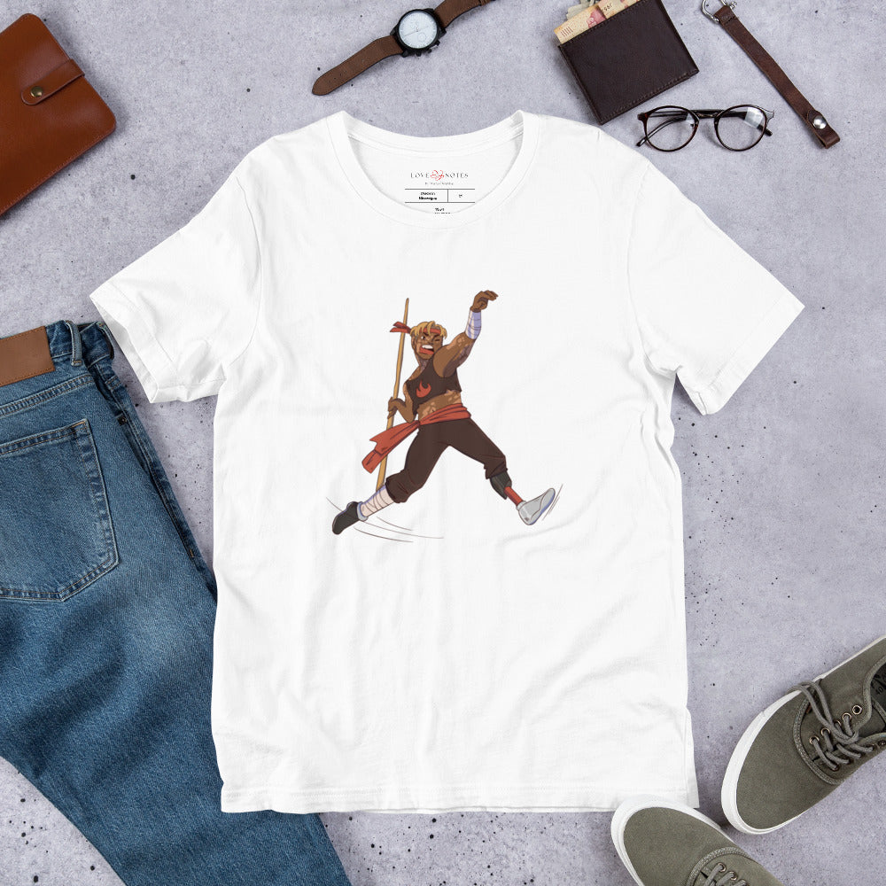 Unisex Tee: Fantasy Character with Lower-Leg Prosthesis & Bo Staff