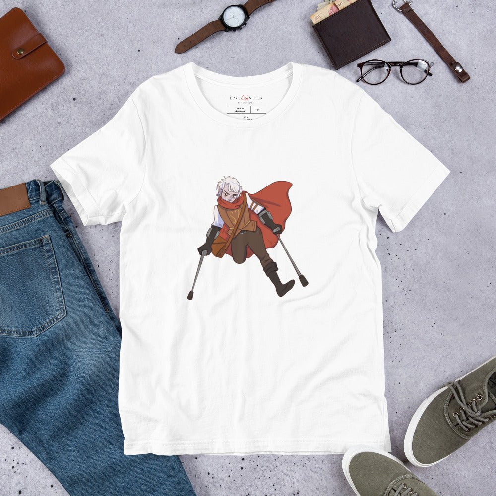 Unisex Tee: Fantasy Character with One Leg, Lower-Arm Crutches, Leather Bag