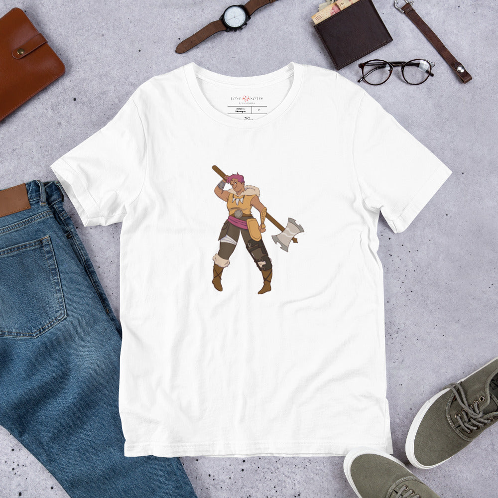 Unisex Tee: Fantasy Character with Leg Brace & Double-Headed Axe