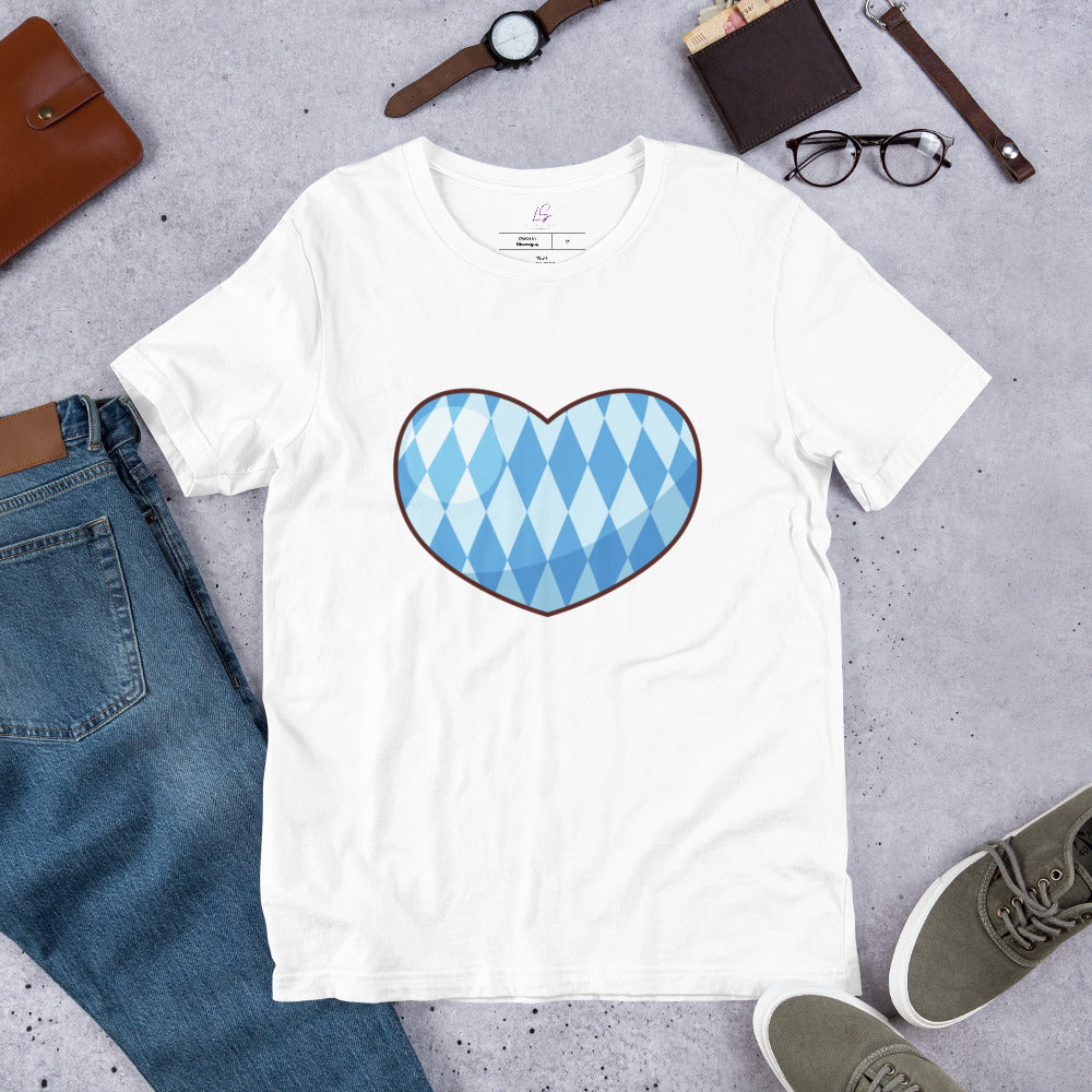 Unisex Tee: Oktoberfest Blue & White Pattern Heart