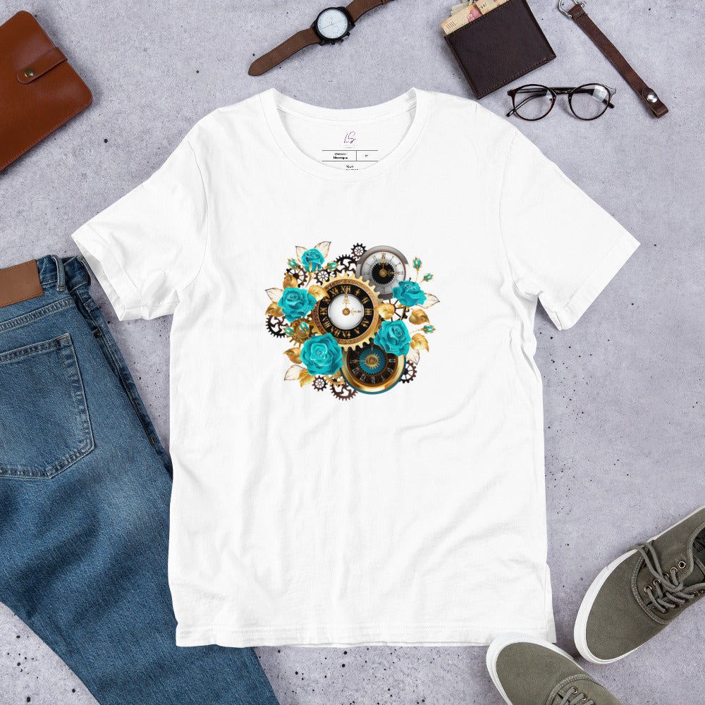 Unisex Tee: Steam Punk Flowers & Clocks