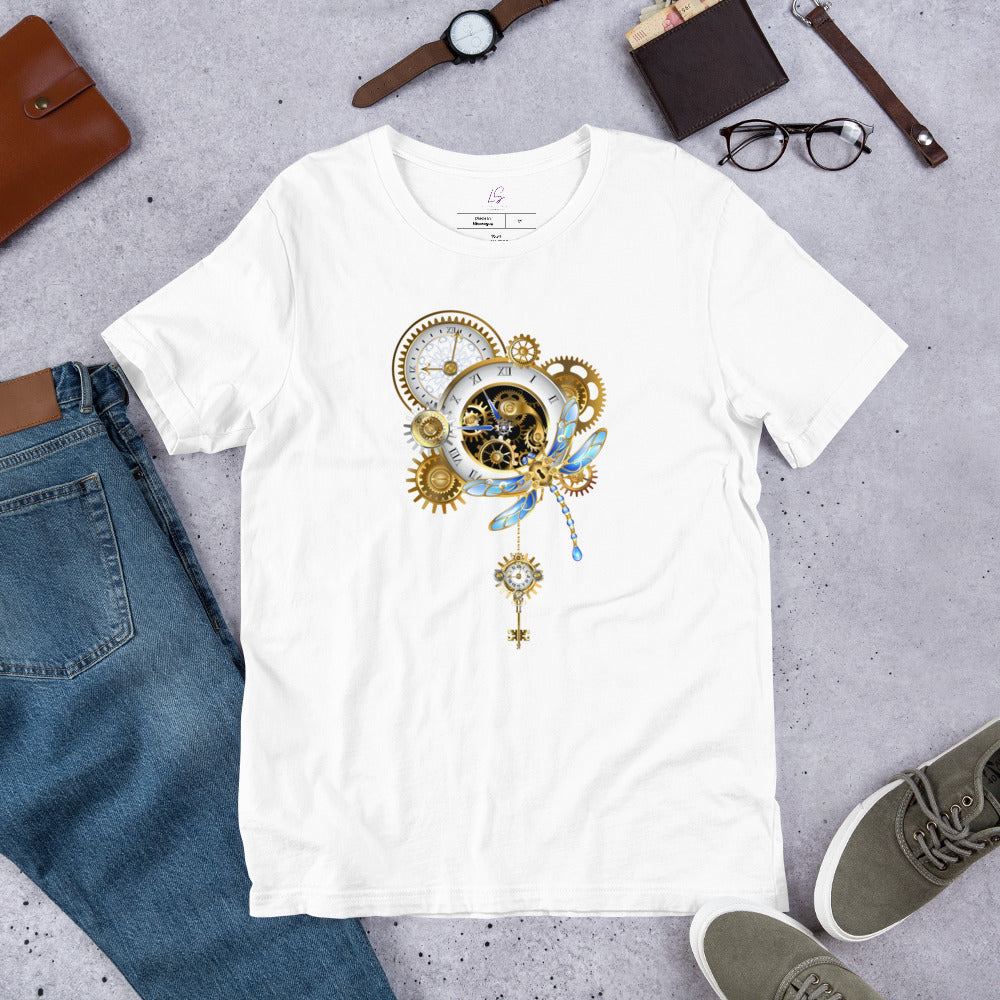 Unisex Tee: Steam Punk Clocks with Keys & Dragonfly
