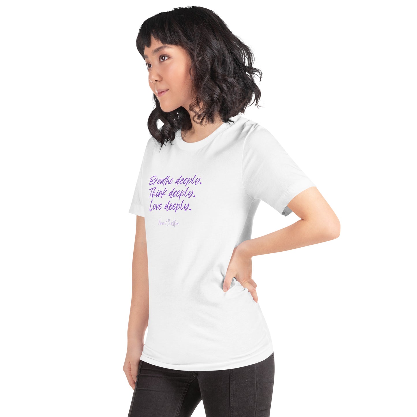 Unisex Tee: Breathe Deeply Quote (purple text)