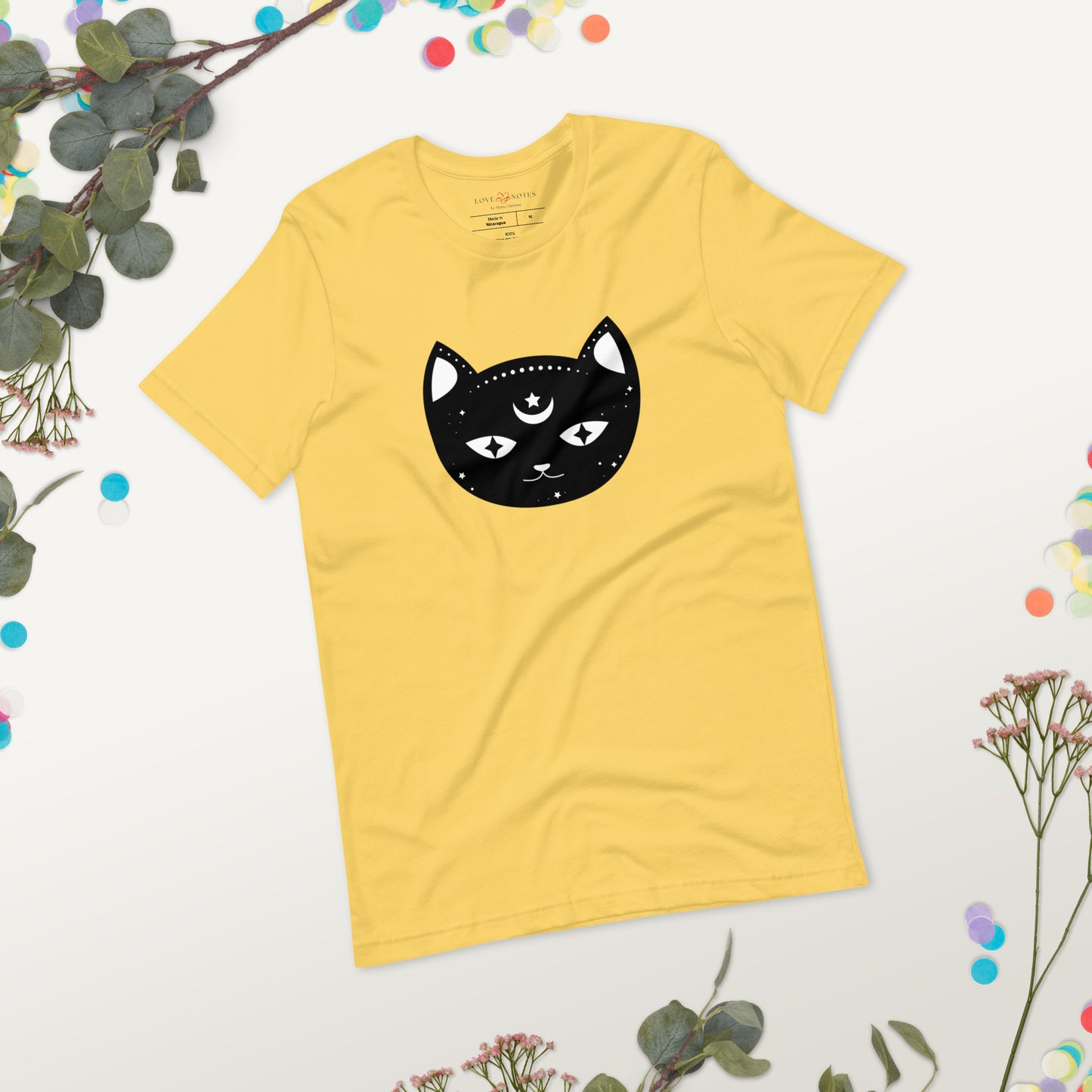 Unisex Tee Bella + Canvas 3001: Black Cat Face with Crescent Moon and Star