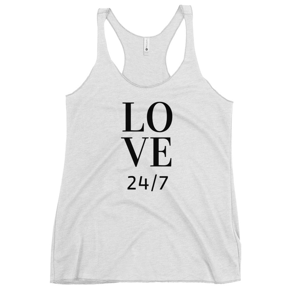 Women's Racerback Tank Top: Love 24-7 (black text)