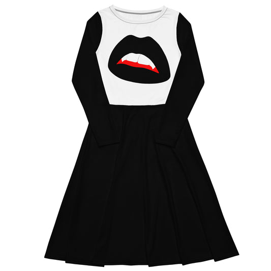 Long-Sleeve Midi Dress (black & white): Black Vamp Lips