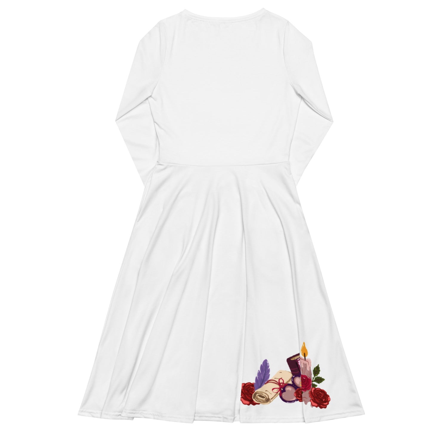 Shadows • Thrones • Roses • Tomes Romantasy Long‑Sleeve Midi Dress (White)