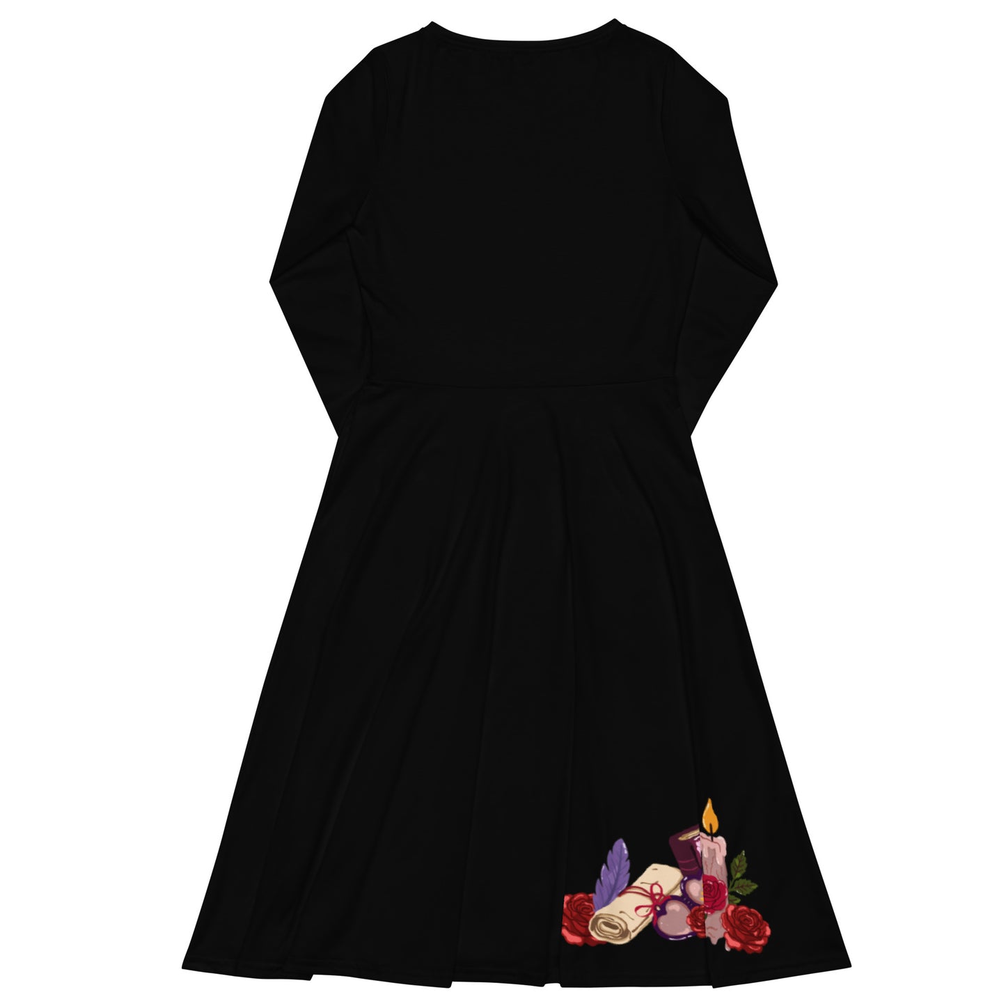 Shadows • Thrones • Roses • Tomes Romantasy Long‑Sleeve Midi Dress (Black)