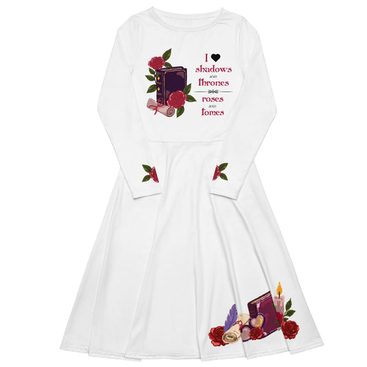 Shadows • Thrones • Roses • Tomes Romantasy Long‑Sleeve Midi Dress (White)
